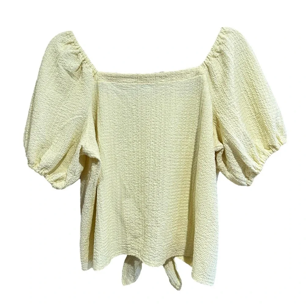 LOFT Women’s Square Neck Tie Front Soft Yellow Blouse Puff Sleeve Top Size M